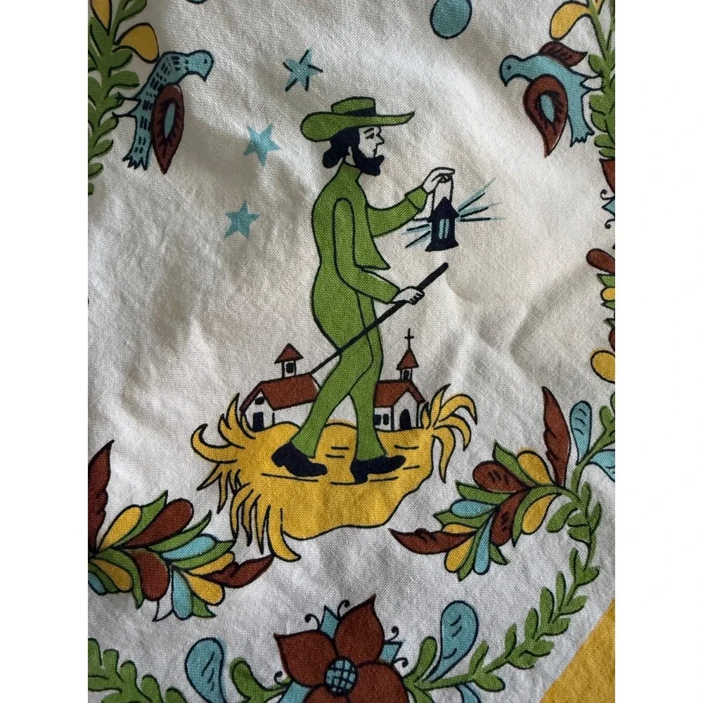 Vintage Folk Art Tablecloth Yellow Dutch Figures Floral Wreath 50x62 Rectangular